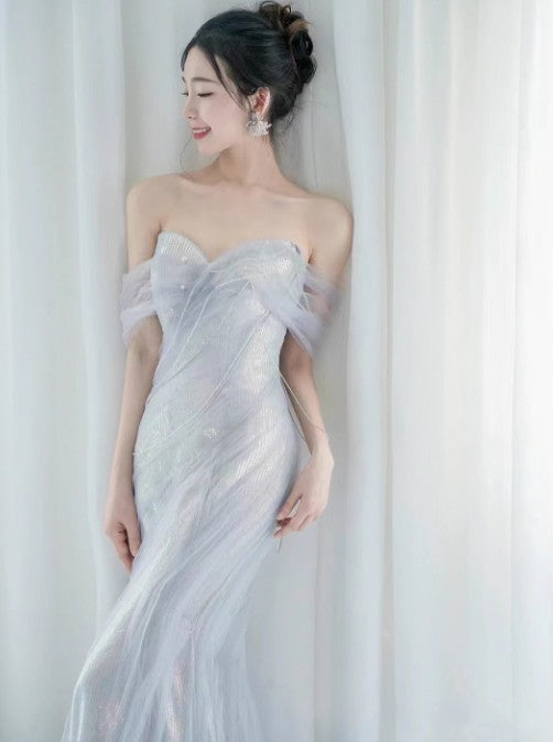 Ndyad Sweetheart Sequin Mermaid Gown-Fairytale Beaded Tulle Train Long Prom Dress for Events HZ1024