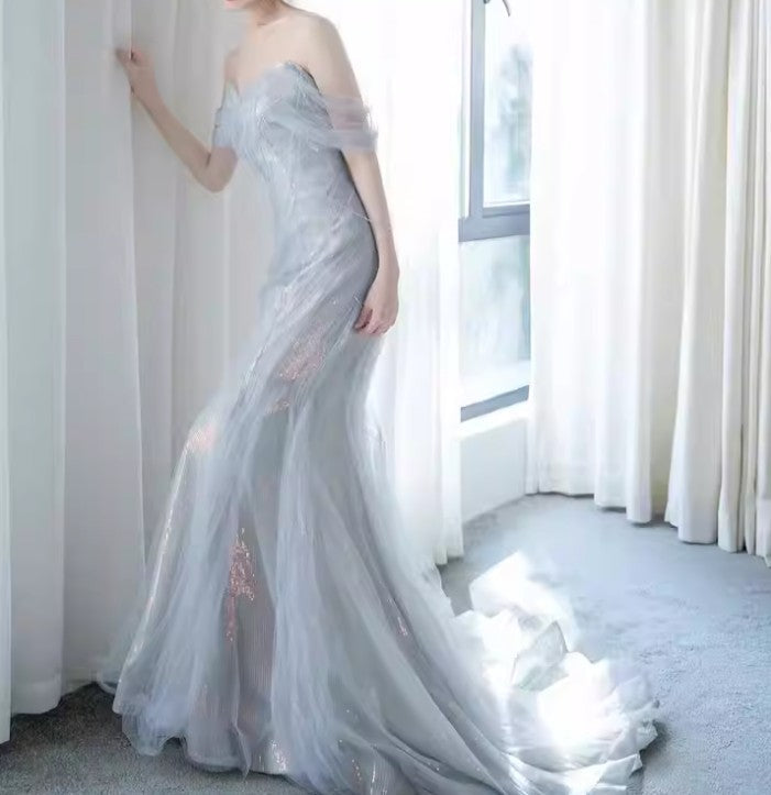 Ndyad Sweetheart Sequin Mermaid Gown-Fairytale Beaded Tulle Train Long Prom Dress for Events HZ1024