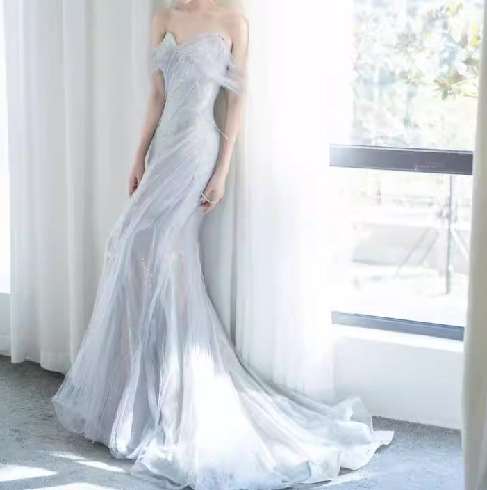 Ndyad Sweetheart Sequin Mermaid Gown-Fairytale Beaded Tulle Train Long Prom Dress for Events HZ1024