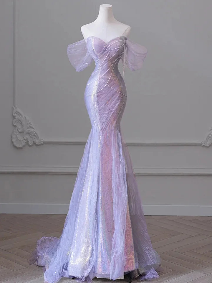 Ndyad Sweetheart Sequin Mermaid Gown-Fairytale Beaded Tulle Train Long Prom Dress for Events HZ1024