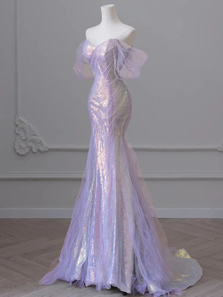 Ndyad Sweetheart Sequin Mermaid Gown-Fairytale Beaded Tulle Train Long Prom Dress for Events HZ1024