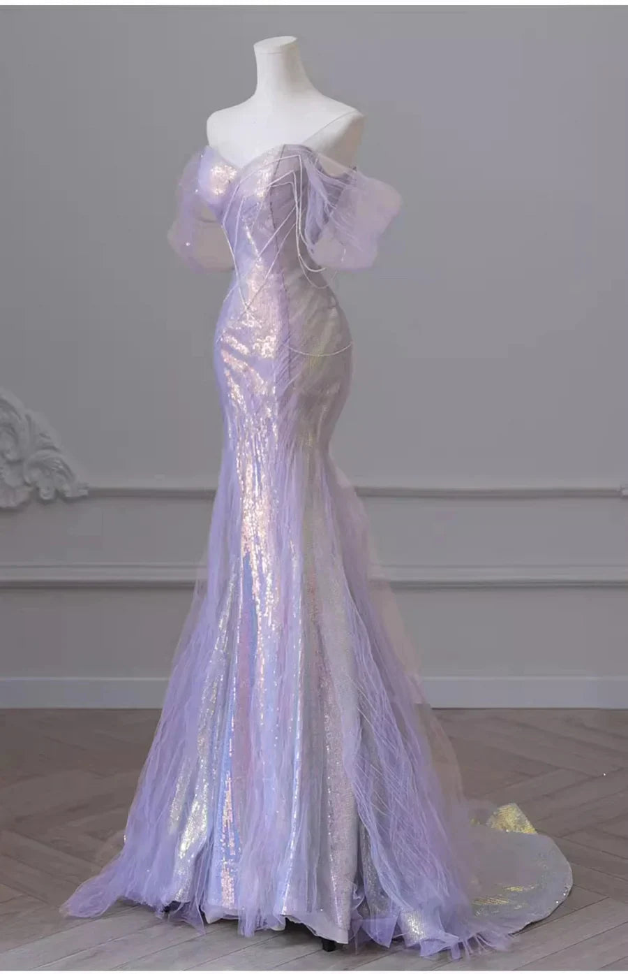 Ndyad Sweetheart Sequin Mermaid Gown-Fairytale Beaded Tulle Train Long Prom Dress for Events HZ1024