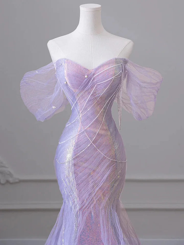 Ndyad Sweetheart Sequin Mermaid Gown-Fairytale Beaded Tulle Train Long Prom Dress for Events HZ1024