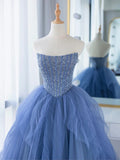 Evafashion A-line Blue Strapless Tulle Sequins Long Prom Dresses HZ1024