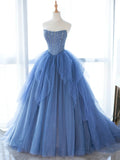 Evafashion A-line Blue Strapless Tulle Sequins Long Prom Dresses HZ1024