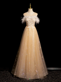 Ndyad Crew Neck Tulle Embroider Sequins Long Prom Dress, Dark Champagne Formal Dress HZ1024