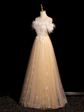 Ndyad Crew Neck Tulle Embroider Sequins Long Prom Dress, Dark Champagne Formal Dress HZ1024
