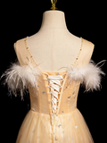 Ndyad Crew Neck Tulle Embroider Sequins Long Prom Dress, Dark Champagne Formal Dress HZ1024