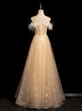 Ndyad Crew Neck Tulle Embroider Sequins Long Prom Dress, Dark Champagne Formal Dress HZ1024