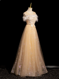 Ndyad Crew Neck Tulle Embroider Sequins Long Prom Dress, Dark Champagne Formal Dress HZ1024