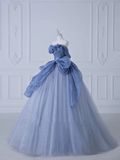 Ndyad Off-Shoulder Tulle Sequins Long Prom Dress, Dusty Blue Formal Dress HZ1024