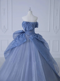 Ndyad Off-Shoulder Tulle Sequins Long Prom Dress, Dusty Blue Formal Dress HZ1024