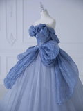 Ndyad Off-Shoulder Tulle Sequins Long Prom Dress, Dusty Blue Formal Dress HZ1024
