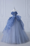 Ndyad Off-Shoulder Tulle Sequins Long Prom Dress, Dusty Blue Formal Dress HZ1024