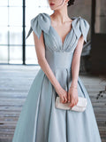 Ndyad A-Line V Neck Satin Beads Long Prom Dress, Blue Evening Dress HZ1024