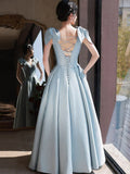 Ndyad A-Line V Neck Satin Beads Long Prom Dress, Blue Evening Dress HZ1024