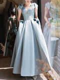 Ndyad A-Line V Neck Satin Beads Long Prom Dress, Blue Evening Dress HZ1024