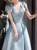 Ndyad A-Line V Neck Satin Beads Long Prom Dress, Blue Evening Dress HZ1024