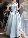 Ndyad A-Line V Neck Satin Beads Long Prom Dress, Blue Evening Dress HZ1024