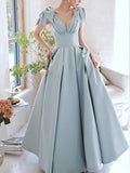 Ndyad A-Line V Neck Satin Beads Long Prom Dress, Blue Evening Dress HZ1024