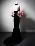 Evafashion V Neck Velvet Black Long Prom Dress, Black Party Dress HZ1024