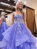 Ndyad A-Line Tulle Lace Long Prom Dress, Purple Long Graduation Dress HZ1024