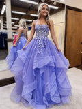 Ndyad A-Line Tulle Lace Long Prom Dress, Purple Long Graduation Dress HZ1024