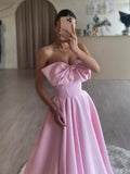 Ndyad A-Line Strapless Satin Long Prom Dress, Pink Long Formal Dress HZ1024