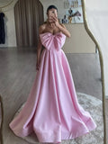 Ndyad A-Line Strapless Satin Long Prom Dress, Pink Long Formal Dress HZ1024