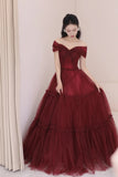 Evafashion A-Line Off Shoulder Tulle Long Prom Dress, Burgundy Long Evening Dress HZ1024