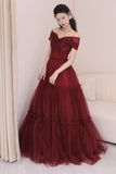 Evafashion A-Line Off Shoulder Tulle Long Prom Dress, Burgundy Long Evening Dress HZ1024