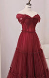 Evafashion A-Line Off Shoulder Tulle Long Prom Dress, Burgundy Long Evening Dress HZ1024