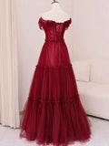 Evafashion A-Line Off Shoulder Tulle Long Prom Dress, Burgundy Long Evening Dress HZ1024