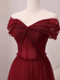Evafashion A-Line Off Shoulder Tulle Long Prom Dress, Burgundy Long Evening Dress HZ1024