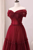 Evafashion A-Line Off Shoulder Tulle Long Prom Dress, Burgundy Long Evening Dress HZ1024
