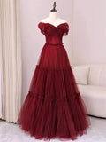 Evafashion A-Line Off Shoulder Tulle Long Prom Dress, Burgundy Long Evening Dress HZ1024