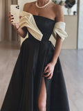 Ndyad A-Line Satin Off Shoulder Long Prom Dress, Black Long Formal Dress HZ1024