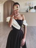 Ndyad A-Line Satin Off Shoulder Long Prom Dress, Black Long Formal Dress HZ1024