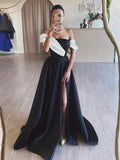 Ndyad A-Line Satin Off Shoulder Long Prom Dress, Black Long Formal Dress HZ1024