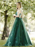 Ndyad Green A-Line Tulle Lace Backless Long Prom Dress, Green Long Evening Dress HZ1024