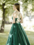 Ndyad Green A-Line Tulle Lace Backless Long Prom Dress, Green Long Evening Dress HZ1024