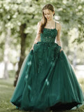 Ndyad Green A-Line Tulle Lace Backless Long Prom Dress, Green Long Evening Dress HZ1024