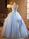 Ndyad A-Line Spaghetti Strap Tulle Lace Long Prom Dress, Blue Long Sweet 16 Dress HZ1024