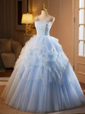 Ndyad A-Line Spaghetti Strap Tulle Lace Long Prom Dress, Blue Long Sweet 16 Dress HZ1024