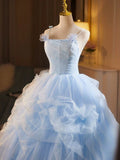 Ndyad A-Line Spaghetti Strap Tulle Lace Long Prom Dress, Blue Long Sweet 16 Dress HZ1024