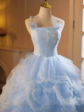 Ndyad A-Line Spaghetti Strap Tulle Lace Long Prom Dress, Blue Long Sweet 16 Dress HZ1024