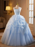 Ndyad A-Line Spaghetti Strap Tulle Lace Long Prom Dress, Blue Long Sweet 16 Dress HZ1024
