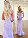 Ndyad Mermaid Lace Long Prom Dress, Purple Formal Evening Dress HZ1024