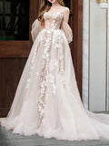 Ndyad lace tulle long prom dress, Champagne wedding dress HZ1024
