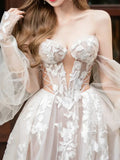 Ndyad lace tulle long prom dress, Champagne wedding dress HZ1024